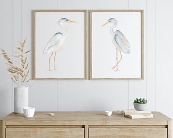 Set of Two Blue Herons, Bird Wall Art, Heron Art Prints, Coastal Wall Decor, Bird Beach house wall art, Nautical Artwork, Watercolor Birds