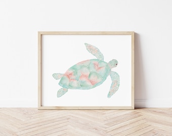 Sea Turtle Wall Art, Turtle Watercolor Print, Ocean Inspired Artwork, Coastal Decor, Beach House Art, Sea Life Print, Pastel Aesthetic