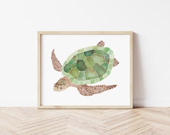 Turtle Wall Art, Sea Turtle Watercolor Print, Sea Turtle Art, Ocean Decor, Coastal Decor, Nautical Decor, Modern