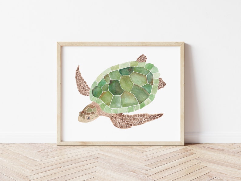 Turtle Wall Art, Sea Turtle Watercolor Print, Sea Turtle Art, Ocean Decor, Coastal Decor, Nautical Decor, Modern image 1