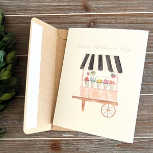 Mother's Day Card, Thank Mom, Love to mom, Handcrafted Card, Hand-painted print Mother's Day Card, flower cart, floral card for mom,