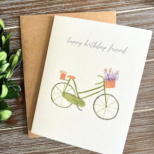 Ami de joyeux anniversaire, impression peinte à la main, carte de joyeux anniversaire, amoureux de la nature, intérieur blanc, voeux d'anniversaire, carte pour cycliste amateur de vélo bff