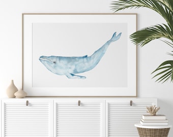 Whale Wall Art, Whale Watercolor Print, Nautical Nursery Art, Coastal Decor, Beach House Art, Gender Neutral Kids Room, Bathroom Wall Art