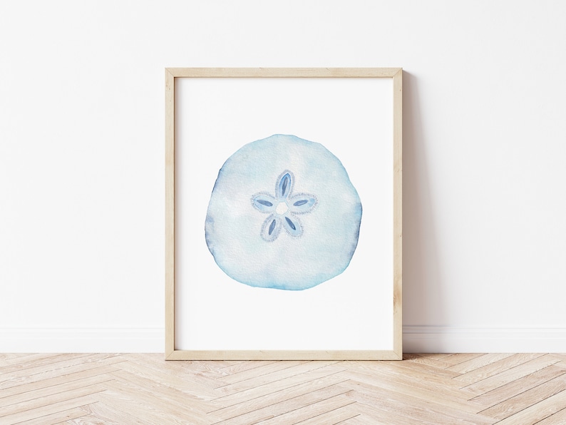 Sand Dollar Wall Art, Sand Dollar Watercolor Print, Ocean Inspired Decor, Nautical Themed Artwork, Sea Life Art Print, Blue Coastal Decor image 1