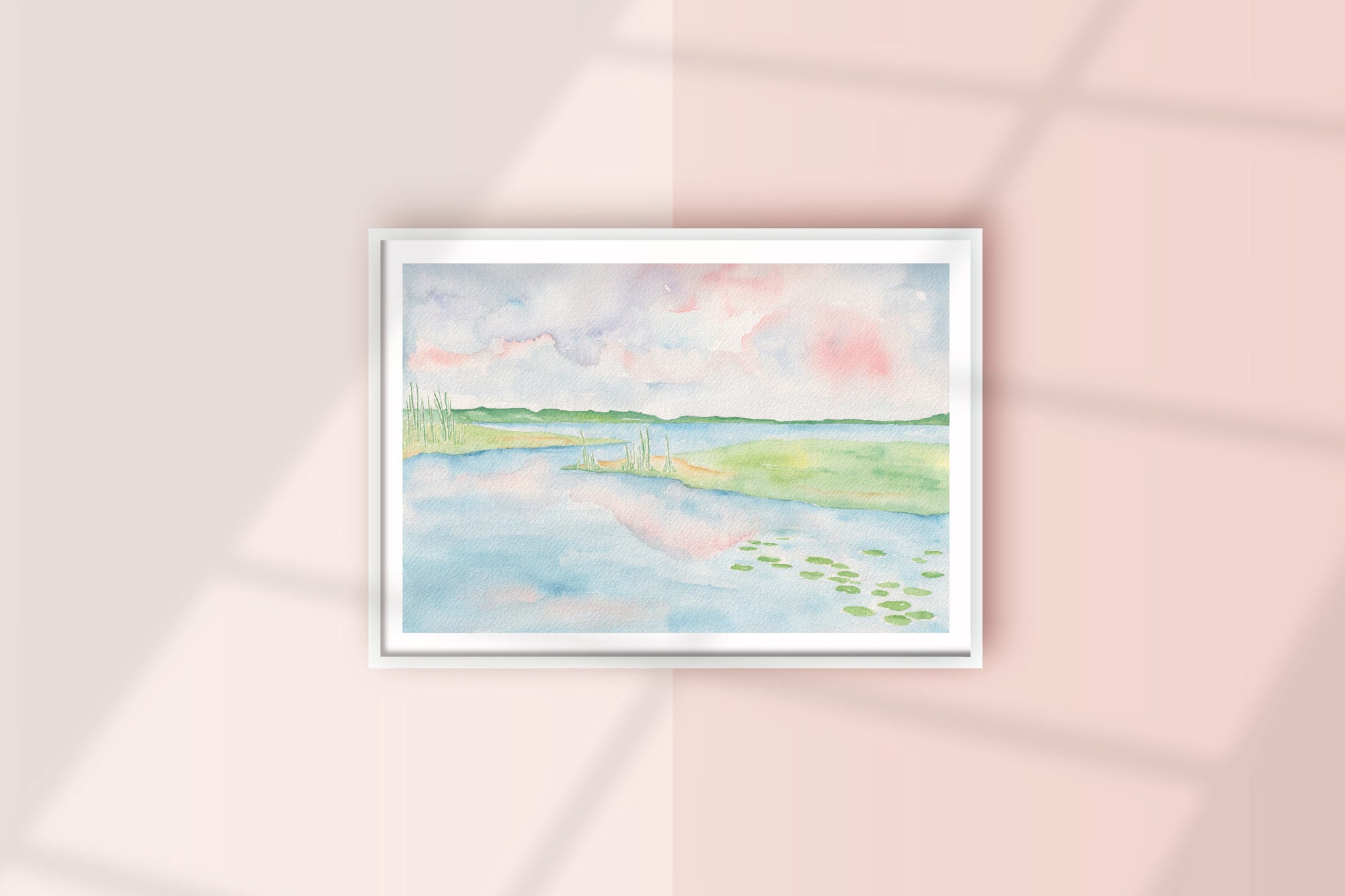 Pastel Tropical Wall Decor, Watercolor Lake Art Pink Blue Green Wall Hanging Tropical Water lily print Lake Landscape Art hand-painted print