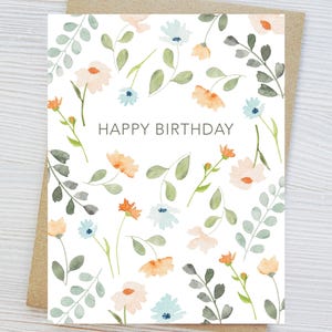 Carte d'anniversaire florale, doux voeux d'anniversaire, fleurs aquarelles, blanc à l'intérieur, carte pour elle, carte de voeux, impression peinte à la main, fleurs pastel