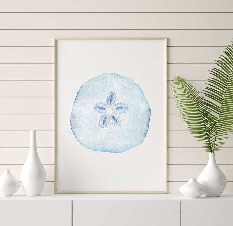 Sand Dollar Wall Art, Sand Dollar Watercolor Print, Ocean Inspired Decor, Nautical Themed Artwork, Sea Life Art Print, Blue Coastal Decor image 2