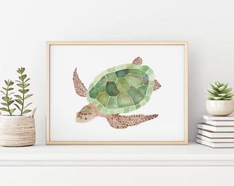 Sea Turtle Artwork | Hand-painted Watercolor Print | Coastal Wall Decor | Green