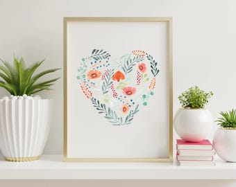 Hand-painted Floral Heart print, Heart Artwork, Heart Wall Art, Valentine&#39;s Day gift, Watercolor print, for mom for her Botanical wall decor