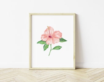 Hibiscus Wall Art, Watercolor Botanicals, Modern Floral Print, Flower Wall Decor, Tropical Wall Hanging Beach House Art Print Pink & Green
