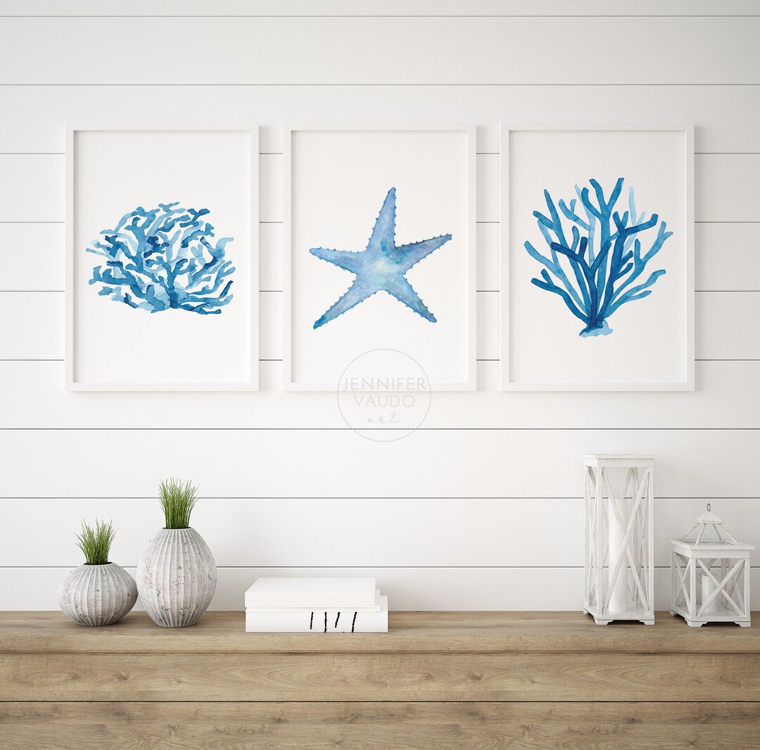 Blue Coral & Starfish Watercolor Print Set | Coastal Wall Art | Seaside ...