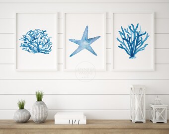 Set of three blue wall decor, Coral wall art, Starfish wall art, Coral wall decor, Starfish wall decor, Blue nautical decor, Coastal Decor