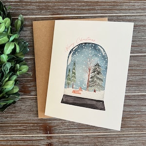 Carte de Noël, joyeux Noël, aquarelle peinte à la main, blanc à l'intérieur, carte de boule à neige, Noël traditionnel, vacances, cottagecore