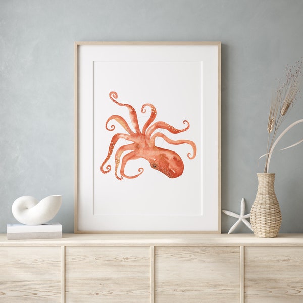 Octopus Print Wall Art Nautical Home Decor Beach House Print Coastal Nursery Burnt Orange Wall Art Octopus Watercolor Print Bathroom Kids