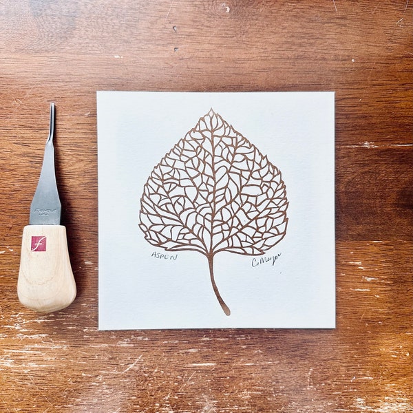 Aspen Leaf | Original Linocut Block Print | Metallic Copper Print