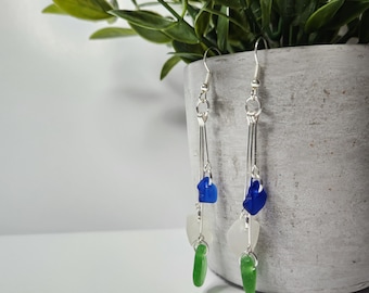 Genuine Sea Glass Earrings, Dangle Earrings, Stirling Silver, Newfoundland, Sea Glass Jewelry, Blue, green, white, Unique Gift,3 inches long