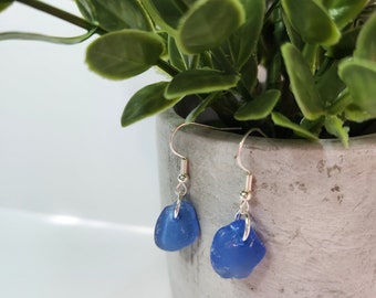 Genuine Sea Glass Earrings, Dangle Earrings, Stirling Silver, Newfoundland Sea Glass Jewelry, Blue, Ocean, Unique Gift, Handmade