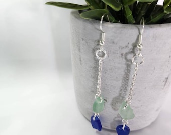 Genuine Sea Glass Earrings, Dangle Earrings, Stirling Silver, Newfoundland, Sea Glass Jewelry, Blue, seafoam green, Ocean, Unique Gift.