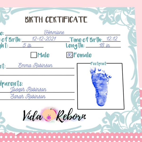 Reborn Baby Doll Birth Certificate, Print and Fill In