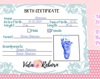 Reborn Baby Doll Birth Certificate, Print and Fill In