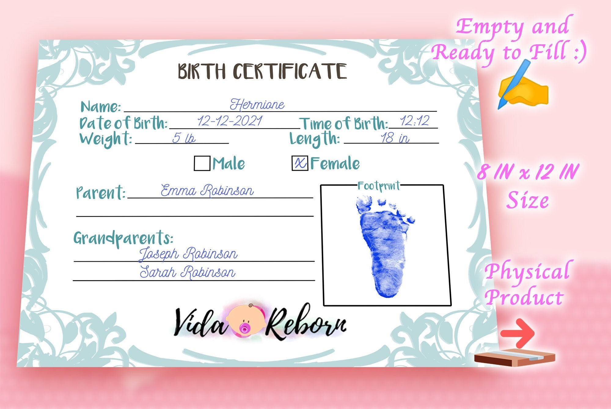Reborn Baby Doll Birth Certificate Physical Printed Reborn Etsy
