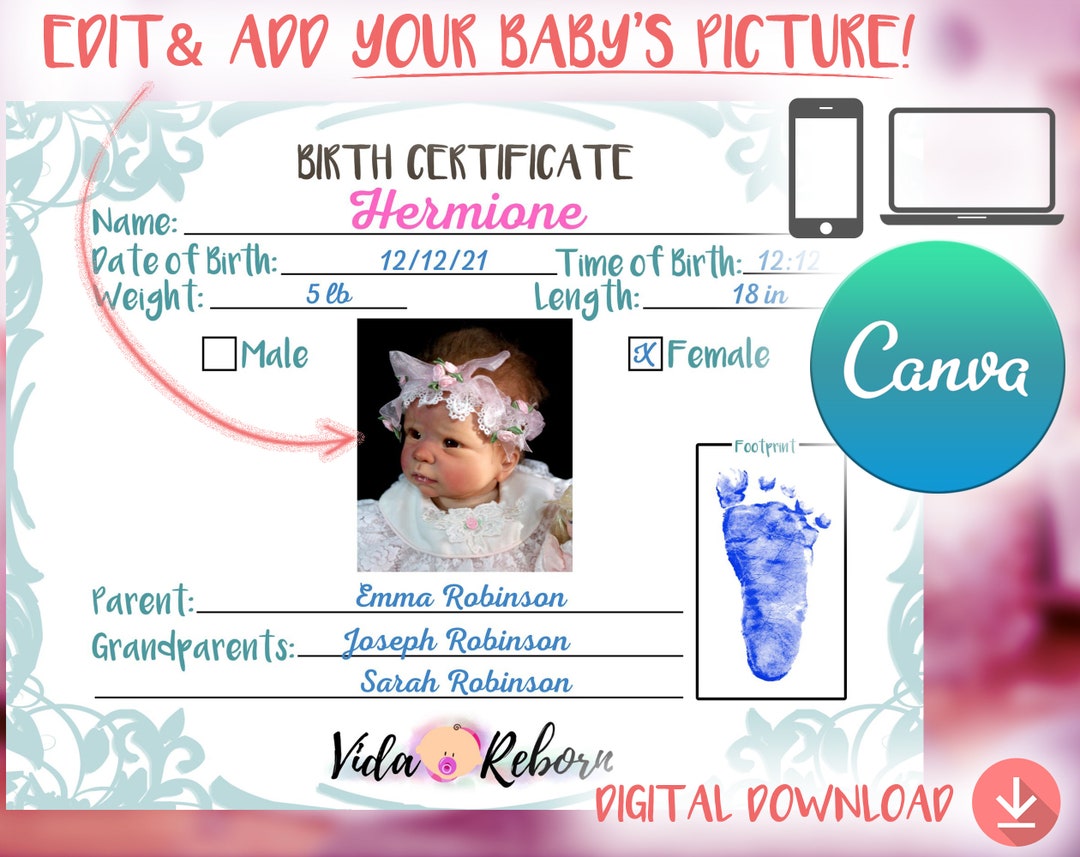 Reborn Baby Doll Birth Certificate [with Your Doll's Picture Reborn Baby Doll Birth Certificate [with Your Doll's Picture