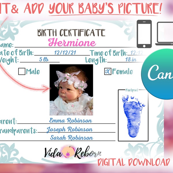 Reborn Baby Doll Birth Certificate [with your Doll's Picture], Printable, Custom, Your photo here, Instant download, reborn doll accessories