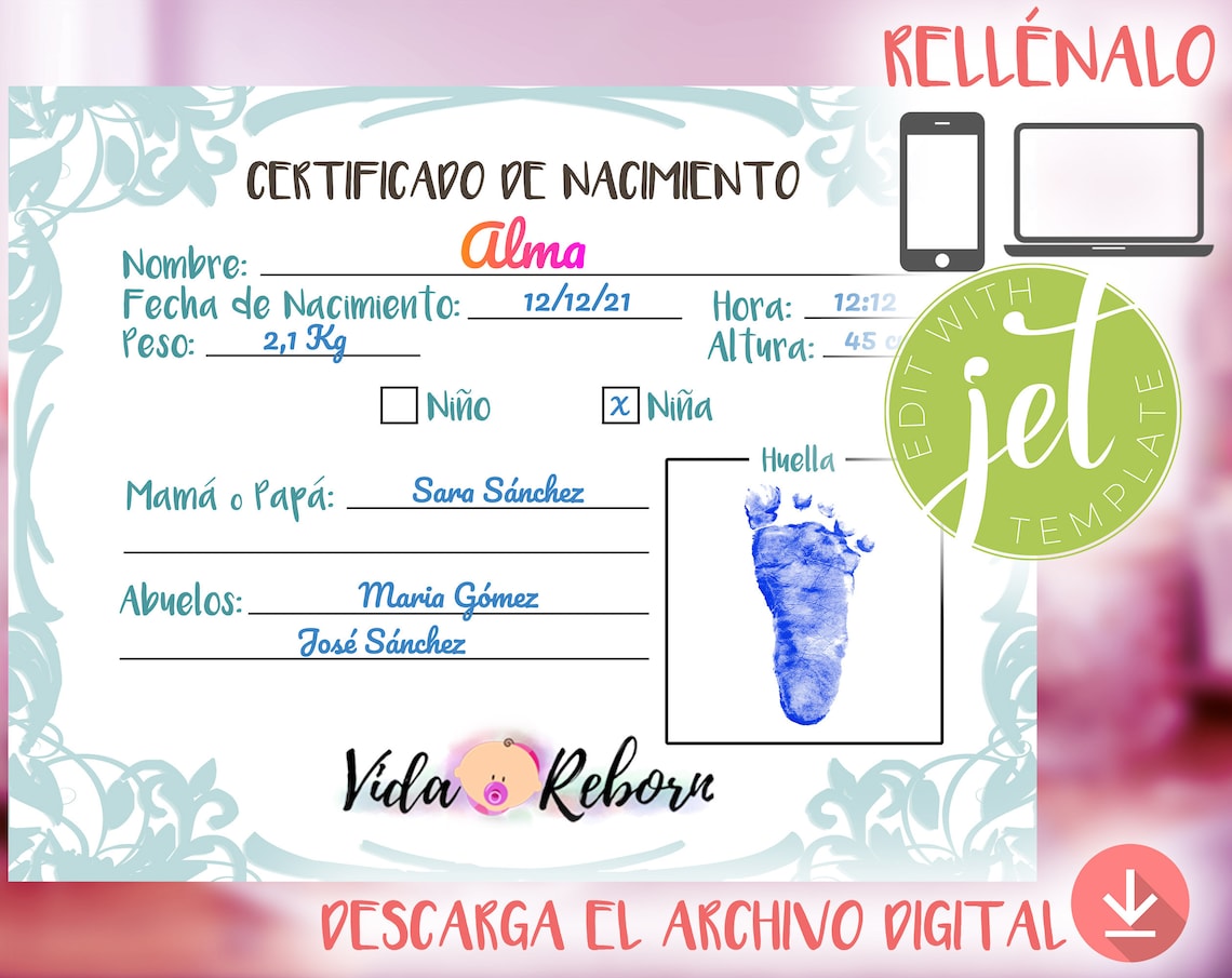 Certificado de Nacimiento Bebé Reborn para Imprimir en Español
