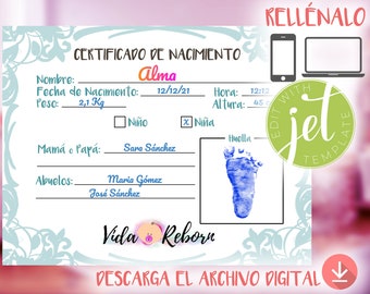Certificado de Nacimiento Bebé Reborn para Imprimir en Español (Plantilla Editable) Descarga Instántanea. Accesorios para Muñecas Reborn