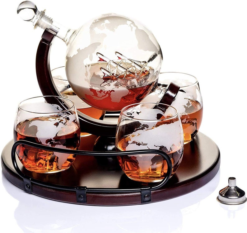 Etched World Decanter Whiskey Globe Whiskey Gift Set Globe Etsy
