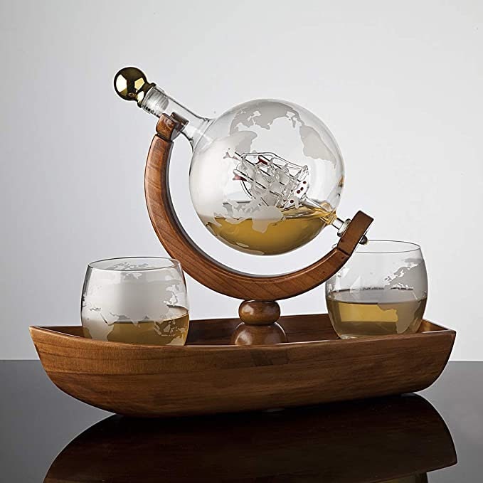 Old World Handblown Artisan Etched World Globe for Whiskey Scotch