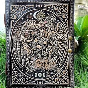 Dragon and Phoenix Journal - Book of Spells Leather Notebook, Rustic Grimoire, Antique Gothic Journal for Christmas Gift