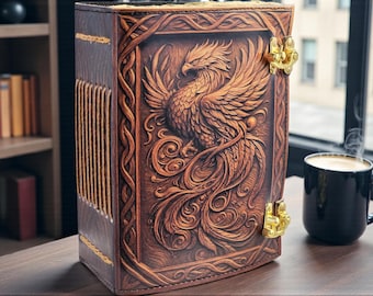Phoenix Grimoire Leather Journal | Embossed Fire Bird Book of Shadows