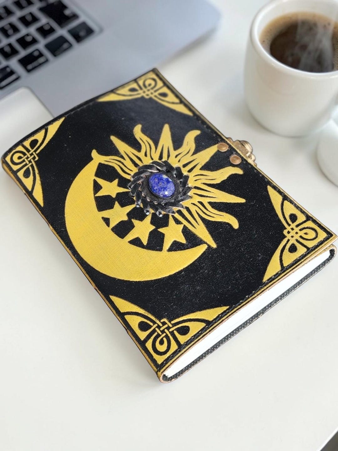 Handmade Leather Journal Sun & Moon Embossed Grimoire Sketchbook Gift ...