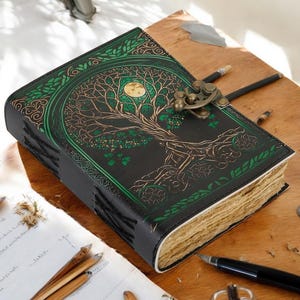 Handmade Leather Journal: Tree of Life Grimoire with Antique Lock