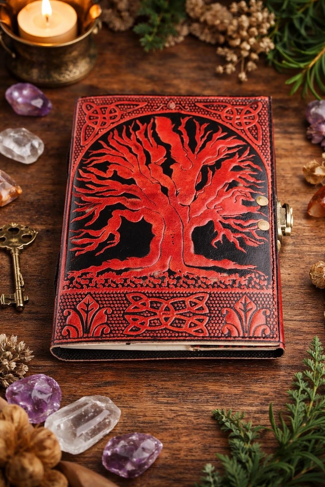 Handmade Brown Leather Journal | Embossed Tree of Life, Celtic Grimoire ...
