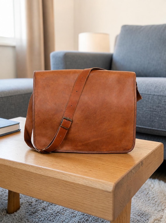 Vintage Leather Messenger Bag, Full Flap Crossbody Laptop Satchel, Handmade Brown Office Bag for Men
