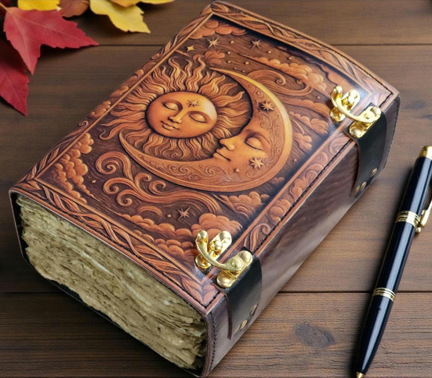 Handmade Leather Sun & Moon Grimoire – Celestial Book of Shadows - Etsy