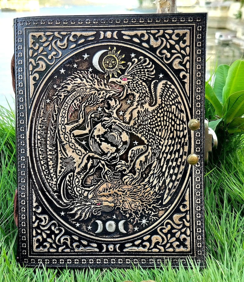 Dragon and Phoenix Leather Journal: Rustic Book of Spells, Gothic Grimoire image 1