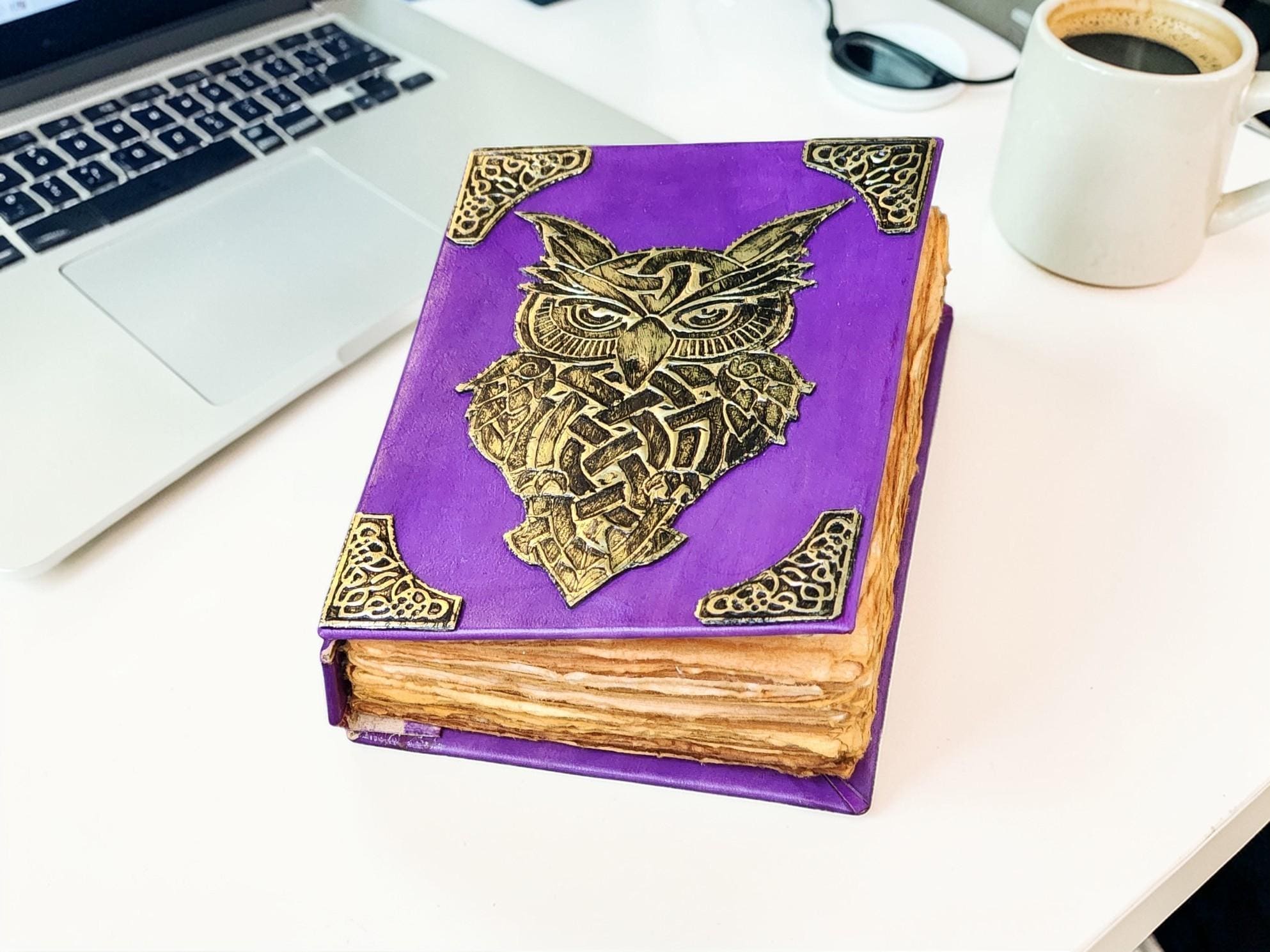 Purple Leather Owl Journal, Handmade Deckle Edge Paper Notebook, Celtic Diary