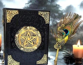Diario de cuero con pentagrama: grimorio repujado, libro de hechizos de brujería