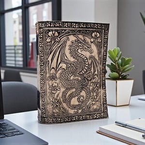 May include: A wooden book cover with a detailed dragon carving. The cover is light brown with dark brown etched details, including the dragon, floral patterns, and decorative borders. The book is standing upright on a white surface.