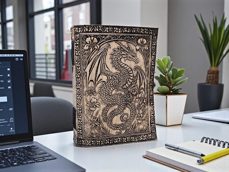 May include: A wooden book cover with a detailed dragon carving. The cover is light brown with dark brown etched details, including the dragon, floral patterns, and decorative borders. The book is standing upright on a white surface.