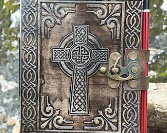 Celtic Cross Leather Journal, Handbound Grimoire Spell Book, Embossed Rustic Pages, Brass Clasp Lock