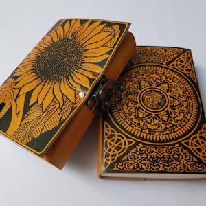 Diario in pelle fatto a mano - Quaderno con stampa a girasole e celtico / Diario in pelle vintage con lucchetto / Regalo per scrittori e artisti"