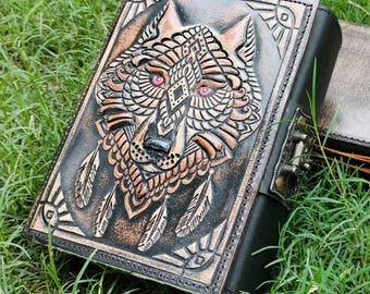 Handmade Embossed Wolf Leather Journal, Rustic Gothic Diary, Travel Sketchbook