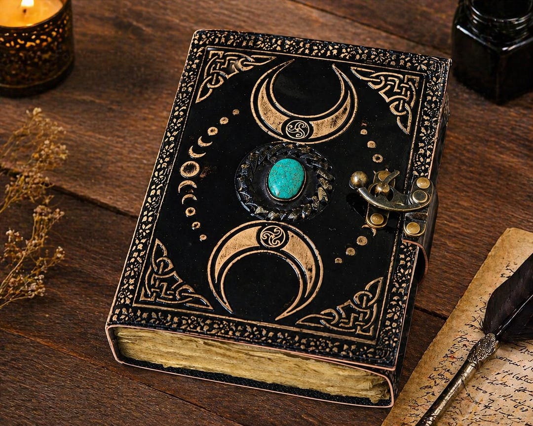 A5 Triple Moon Embossed Leather Journal With Turquoise Stone and Lock ...