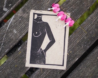 Linocut postcard 'Naked Woman "Abby"'