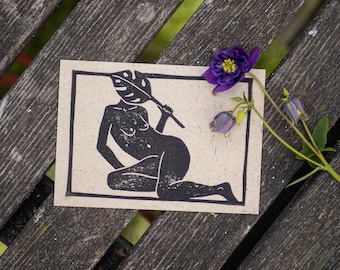 Linocut postcard 'Naked Woman "Mona"'