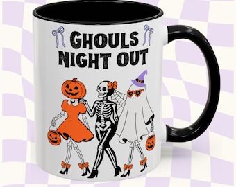 Halloween Tasse, Ghouls Night Out Kaffeetasse, Geist, Skelett & Kürbis Design, gruselige Hexentasse, Halloween Geschenk für sie, Herbst Geschenk